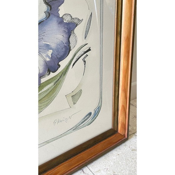 Image 1 of Irisbloem op vintage papier met houten frame