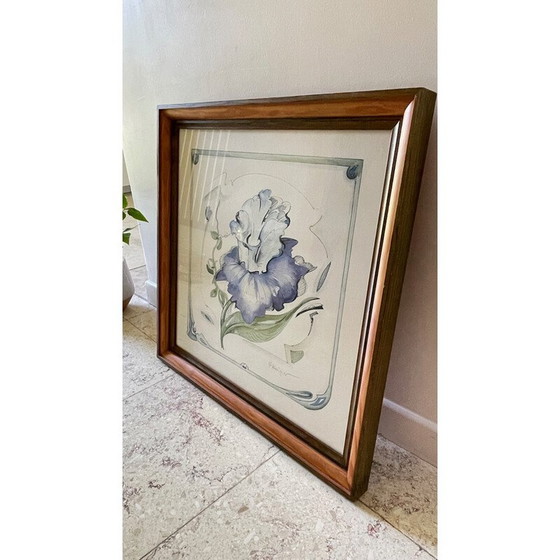 Image 1 of Irisbloem op vintage papier met houten frame