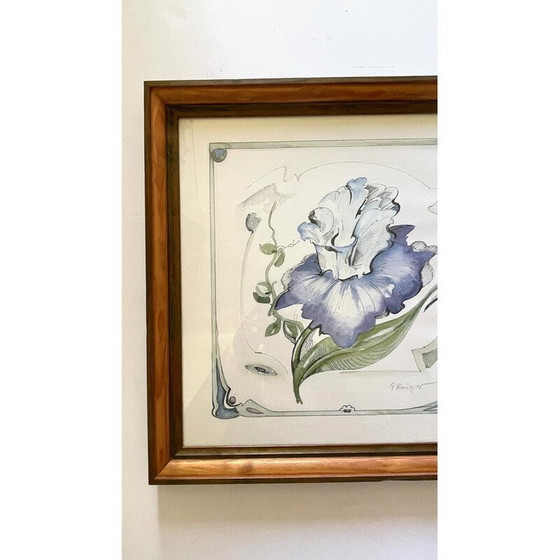 Image 1 of Irisbloem op vintage papier met houten frame