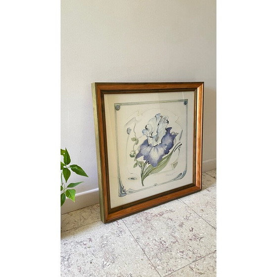 Image 1 of Irisbloem op vintage papier met houten frame