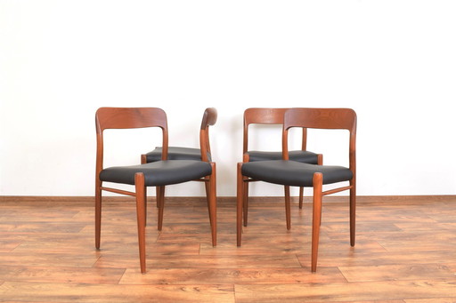 Mid Century Deense Teak & Lederen Eetkamerstoelen Model 75 Door N. O. Møller Voor J.L. Møller, 1960S, Set Van 4