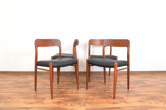 Image 1 of Mid Century Deense Teak & Lederen Eetkamerstoelen Model 75 Door N. O. Møller Voor J.L. Møller, 1960S, Set Van 4