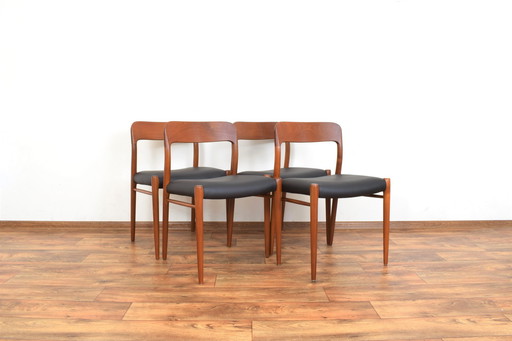 Mid Century Deense Teak & Lederen Eetkamerstoelen Model 75 Door N. O. Møller Voor J.L. Møller, 1960S, Set Van 4