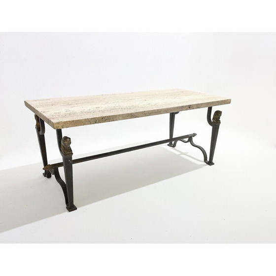 Image 1 of Vintage salontafel van smeedijzer en travertijn, jaren 1940