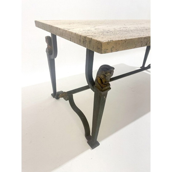 Image 1 of Vintage salontafel van smeedijzer en travertijn, jaren 1940