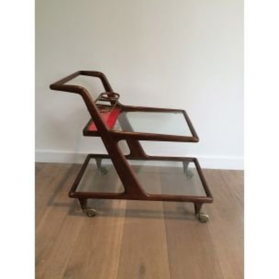 Image 1 of Vintage houten, messing en glazen tafel op wielen, 1950