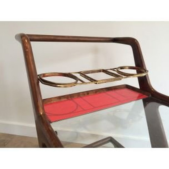 Image 1 of Vintage houten, messing en glazen tafel op wielen, 1950