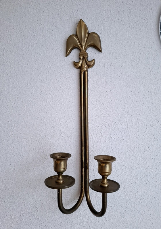 Image 1 of Vintage Messing Dubbel Wandkandelaar Leliebloem Fleur De Lis