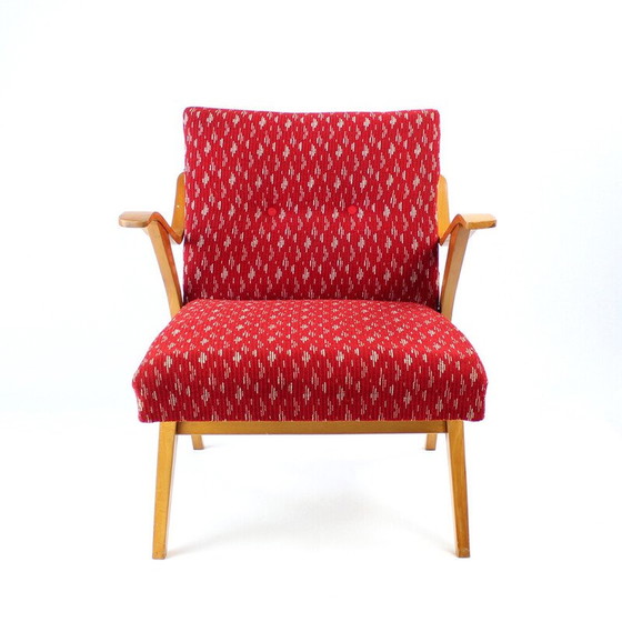 Image 1 of Mid century fauteuil in rode stof en blond hout van Mier, Tsjecho-Slowakije 1960