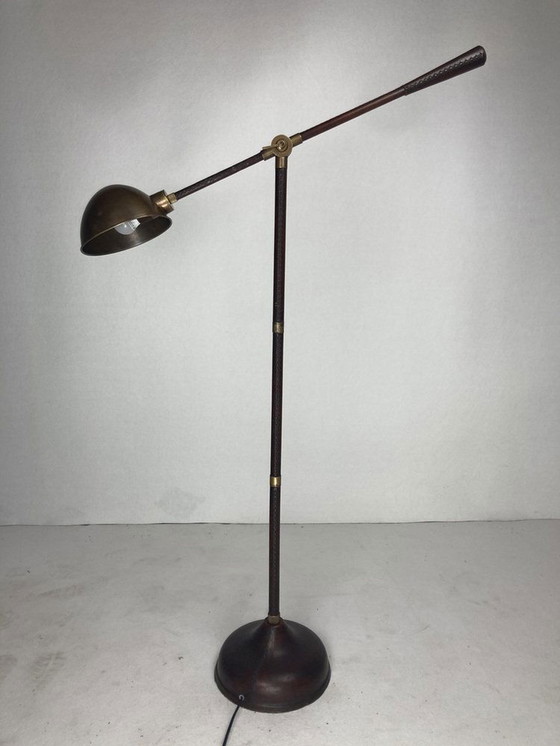 Image 1 of Met leer omwikkelde en gestikte vloerlamp van Jacques Adnet, 1970S