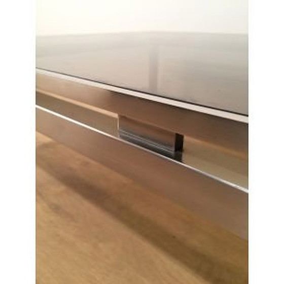 Image 1 of Vierkante vintage salontafel in geborsteld metaal en glas van Guy Lefèvre, 1970