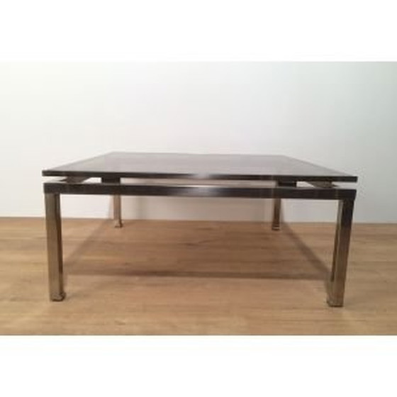 Image 1 of Vierkante vintage salontafel in geborsteld metaal en glas van Guy Lefèvre, 1970