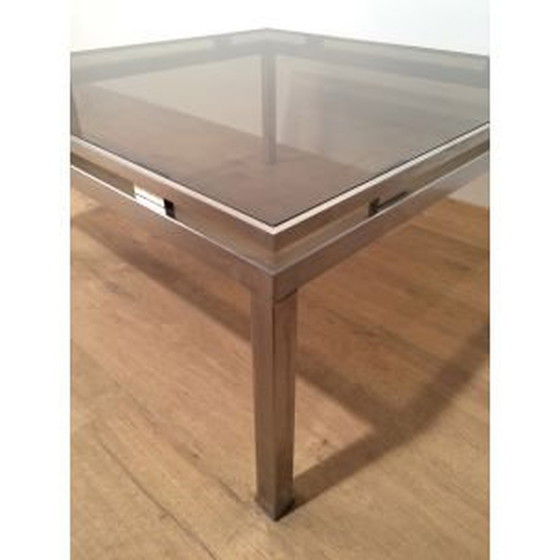 Image 1 of Vierkante vintage salontafel in geborsteld metaal en glas van Guy Lefèvre, 1970