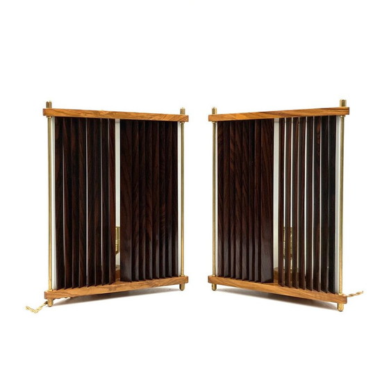 Image 1 of Paar vintage palissander en messing tafellampen van Leonardo Mosso, Italië 1970