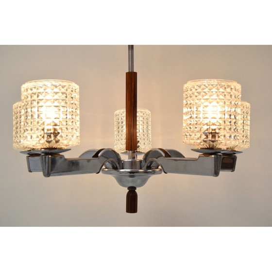 Image 1 of Vintage kroonluchter van glas en chroom, Tsjecho-Slowakije 1960