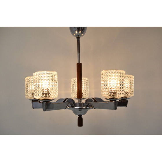 Image 1 of Vintage kroonluchter van glas en chroom, Tsjecho-Slowakije 1960