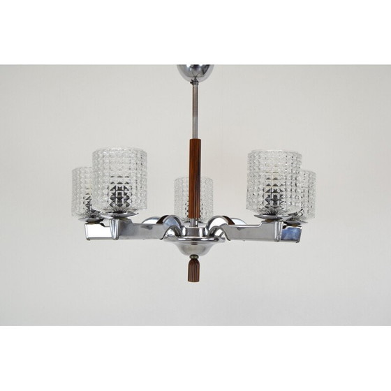 Image 1 of Vintage kroonluchter van glas en chroom, Tsjecho-Slowakije 1960