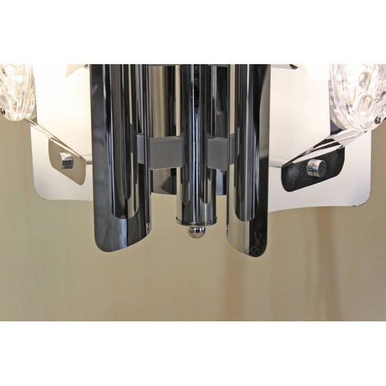 Image 1 of 1x Vintage kroonluchter van chroom en wit Muranoglas, Italië 1970