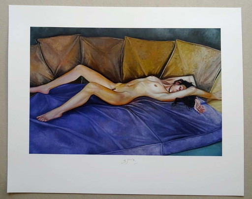 Bruno Bruni - Donna Nuda Sul Divano - Originele Lithografie - Handgesigneerd