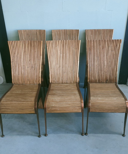 Unieke Set Van 6  Vintage Rattan Eetkamerstoelen