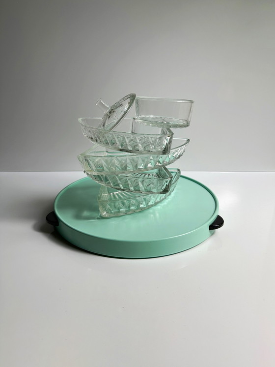 Image 1 of Vintage Cabaret draaischijf Lazy Susan Serveren Draaischijf Draaibare Cake Stand Mid Century jaren 50 Mintgroen