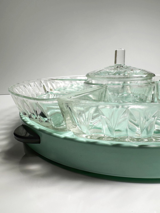 Image 1 of Vintage Cabaret draaischijf Lazy Susan Serveren Draaischijf Draaibare Cake Stand Mid Century jaren 50 Mintgroen