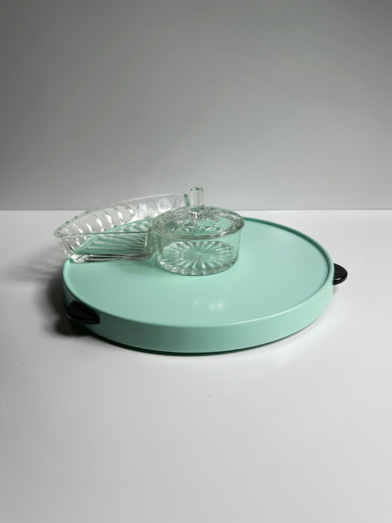 Image 1 of Vintage Cabaret draaischijf Lazy Susan Serveren Draaischijf Draaibare Cake Stand Mid Century jaren 50 Mintgroen