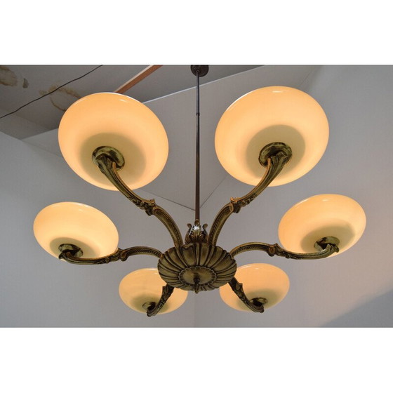 Image 1 of Vintage art deco kroonluchter van glas en messing, Tsjecho-Slowakije 1930