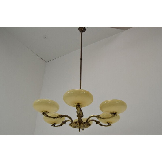 Image 1 of Vintage art deco kroonluchter van glas en messing, Tsjecho-Slowakije 1930