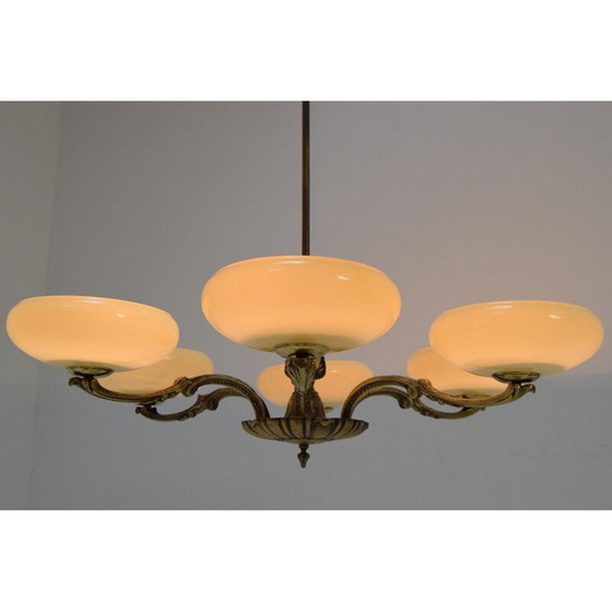 Image 1 of Vintage art deco kroonluchter van glas en messing, Tsjecho-Slowakije 1930