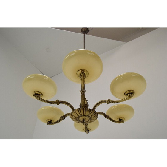 Image 1 of Vintage art deco kroonluchter van glas en messing, Tsjecho-Slowakije 1930
