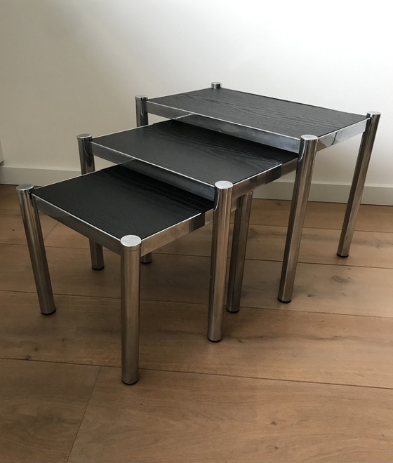 Image 1 of Vintage Nesting Tables In Chrome And Wood - Bijzettafel Mimi Set  '80