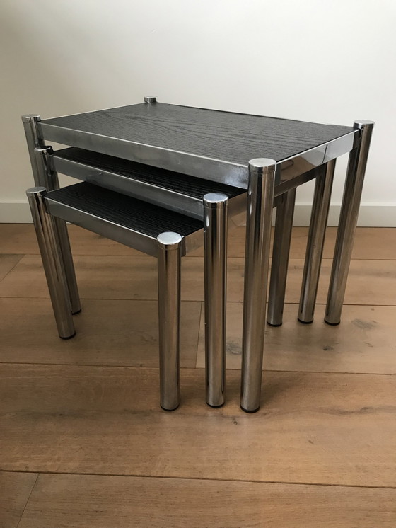 Image 1 of Vintage Nesting Tables In Chrome And Wood - Bijzettafel Mimi Set  '80