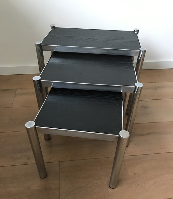 Image 1 of Vintage Nesting Tables In Chrome And Wood - Bijzettafel Mimi Set  '80