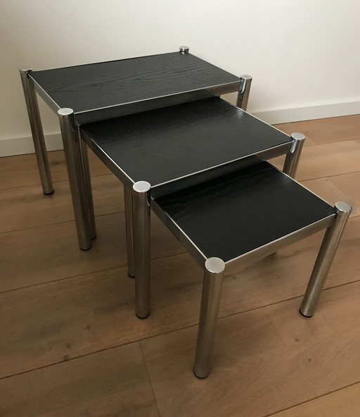 Vintage Nesting Tables In Chrome And Wood - Bijzettafel Mimi Set  '80