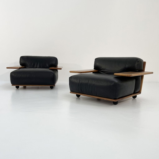 Set van 2 Pianura fauteuils in zwart leer van Mario Bellini voor Cassina, 1970S