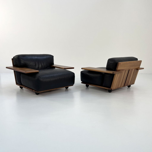 Set van 2 Pianura fauteuils in zwart leer van Mario Bellini voor Cassina, 1970S