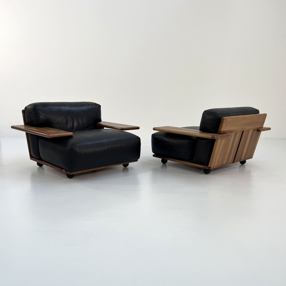 Image 1 of Set van 2 Pianura fauteuils in zwart leer van Mario Bellini voor Cassina, 1970S