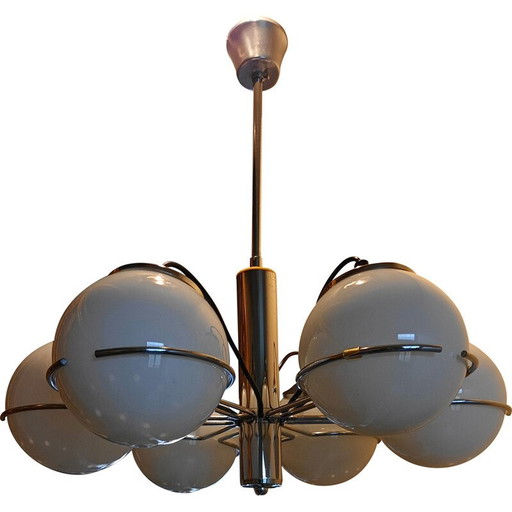Vintage kroonluchter in chroom metaal en opaline glas voor Targetti Sankey, Italië 1970