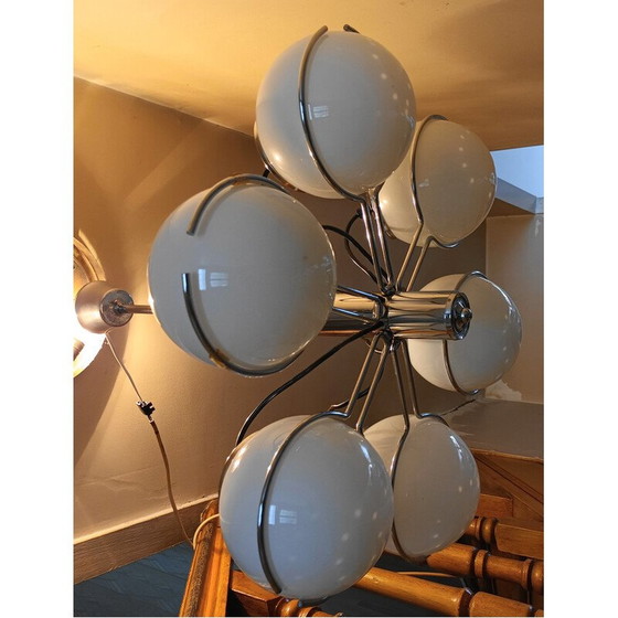 Image 1 of Vintage kroonluchter in chroom metaal en opaline glas voor Targetti Sankey, Italië 1970