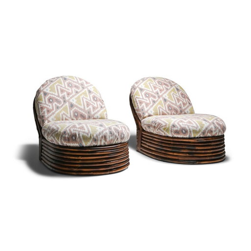 Paar vintage bamboestoelen in Pierre Frey jacquard 1970