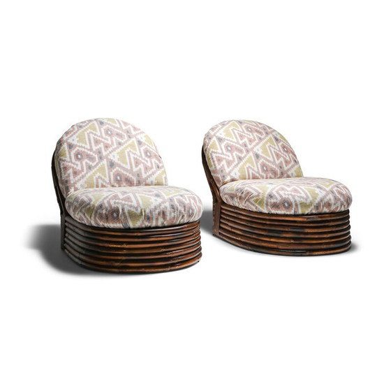 Image 1 of Paar vintage bamboestoelen in Pierre Frey jacquard 1970