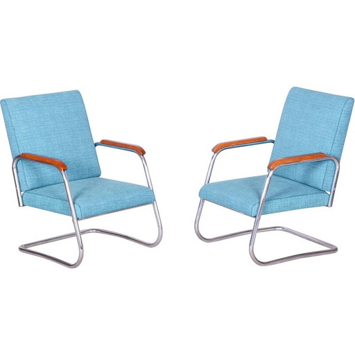 Paar vintage Bauhaus fauteuils in chroomstaal en stof van Karel E. Ort voor Hynek Gottwald, Tsjecho-Slowakije 1930