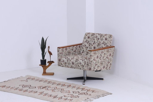 Vintage draaifauteuil 60s | Mid Century fauteuil hout bloemenpatroon