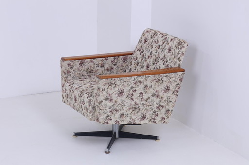 Vintage draaifauteuil 60s | Mid Century fauteuil hout bloemenpatroon