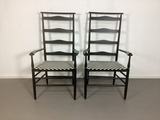 2 Vintage Shaker Stoelen Zwart Hout Shawl Back Arm Chairs