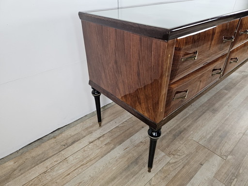 Mid Century Dressoir in Esdoorn, Notenhout en Palissander met Glazen Bovenblad