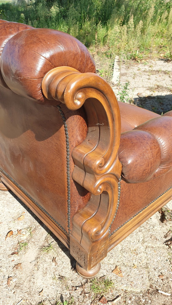 Image 1 of Retro Vintage Klassiek Leder Fauteuils Met Bank Notenhout 