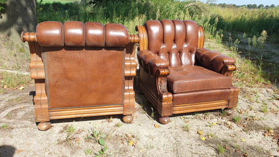 Image 1 of Retro Vintage Klassiek Leder Fauteuils Met Bank Notenhout 