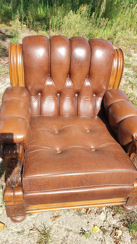 Image 1 of Retro Vintage Klassiek Leder Fauteuils Met Bank Notenhout 